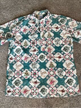 reyn spooner Teal, Cream & Red Holiday Patchwork Button-Down Shirt Christmas Pri